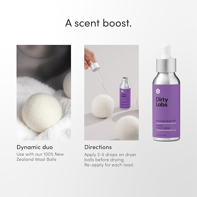 Dirty Labs | Murasaki Scent | Laundry Fragrance Oil and Glass Dropper | 80mL (2.7 fl oz) | Jasmine Matcha and Vetiver Blend | Laundry Scent Booster | Pairs with Dryer Balls | Hypoallergenic