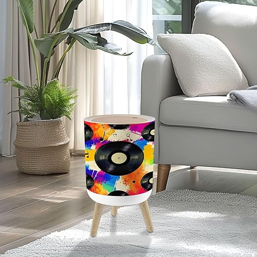 Small Trash Can with Lid Seamless texture vinyl record music notes rainbow watercolor splash 1.8 Gallon/7L Garbage Can Waste Bin with Press Top Lid Wood Legs Wastebasket for Bathroom Kitchen Bedroom