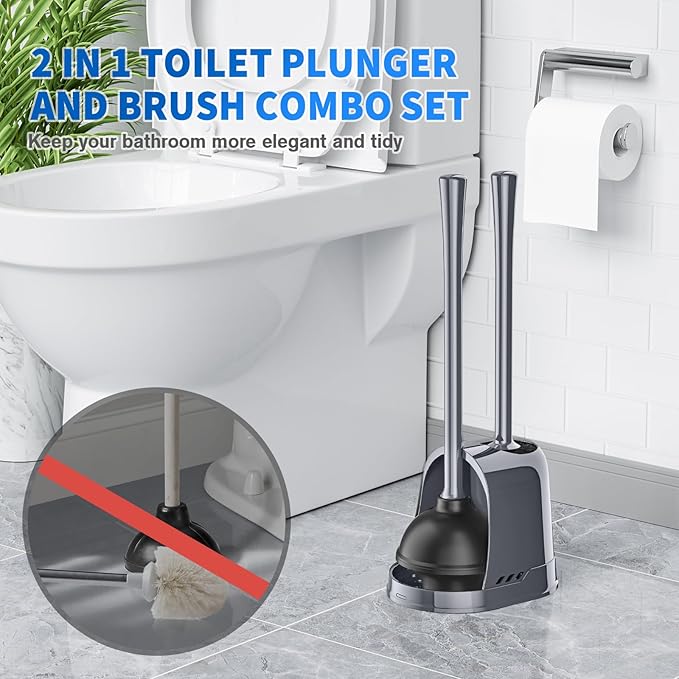 Toilet Plunger and Brush2 Pack Bowl Brush and Heavy Duty Toilet Plunger Set with Ventilated Holder 2-in-1 Toilet Brush and Plunger Combo for 5.3-inch Toilet DrainBathroom Cleaning