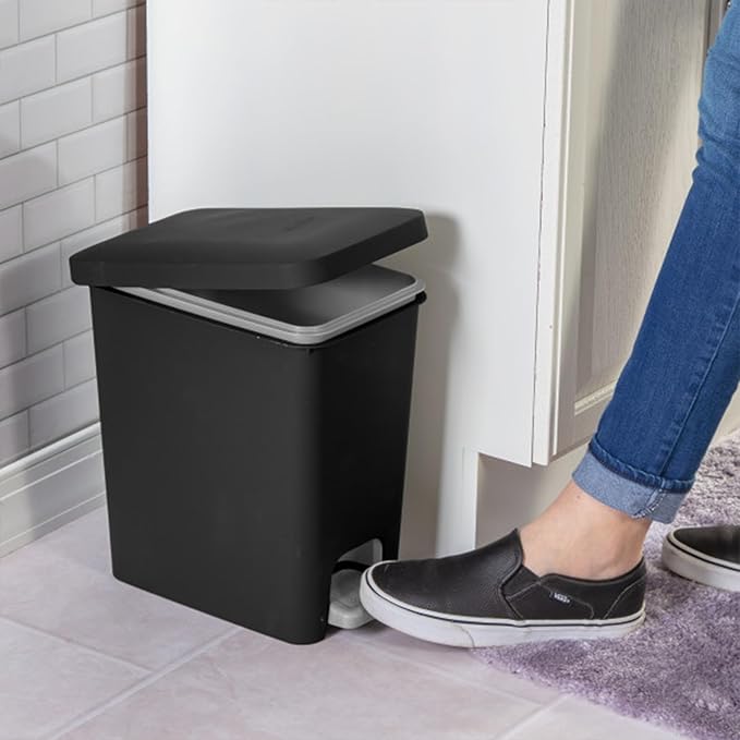 Sterilite 2.7 Gallon Rectangular StepOn Wastebasket with Lid Small Plastic Trash Can for the Bathroom Bedroom or Home Office Pedal and Liner Black 2-Pack