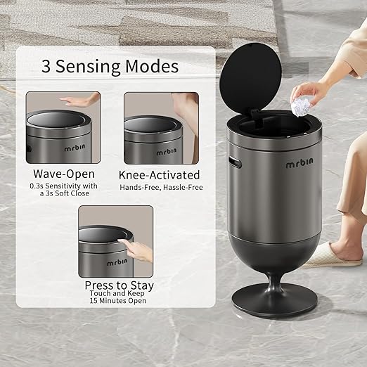 Mrbin Stainless Steel Motion Sensor Trash Can with Lid 5.3 Gallon Wine Glass Shaped Automatic Waste Basket Touchless Smart Round Tall Garbage with High Leg for Office Bedroom Kitchen Eclipse Grey