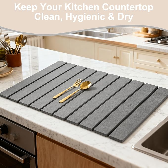 Stone Drying Mat for Kitchen Counter 24x16 Inch Foldable Diatomaceous Earth Stone Sink Fast Absorbing Dish Drying Mats for Dishes Bottles Cups Match any Countertop (Dark Gray 24x16 Inch)