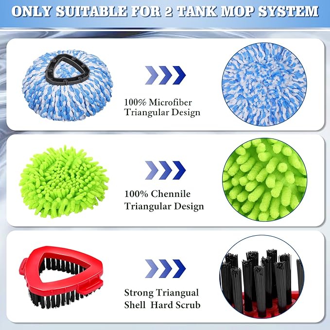 6 Pack Spin Mop Replacements Head Compatible for Oceda RinseClean 2-Tank SystemMicrofiber Spin Mop Refills Head2 Mop Scrub Brush + 1 Mop Base + 6 Pack Cleaning Floor Mop Head