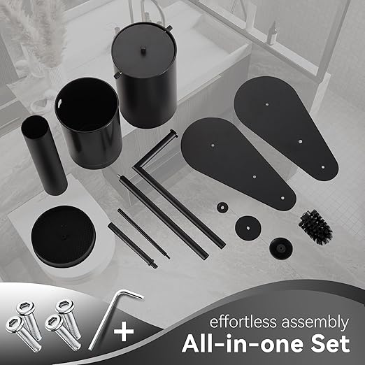 BVL Bathroom Trash Can with Toilet Paper Holder &amp Toilet Brush Stainless Steel Matte Black 1.32 Gallon Wastebasket with Lid Space-Saving Bathroom Accessories