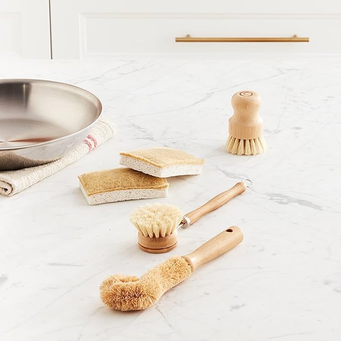 Tieralia Bamboo Dish Brush Gift Set – 5-Piece Kitchen Cleaning Set with Bottle Brush Round Scrub Brush Palm Brush &amp 2 Plant-Based Sponges | Wooden Handle Cleaning Tools for Dishes &amp Surfaces