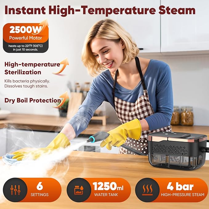 Steam Cleaner 2500W Pressurized Heavy Duty Handheld Steamer with 1.32QT Tank &amp 10 Attachments – for Kitchen Bathroom Car Floors Tile Furniture Couch Windows (Black/Gold)