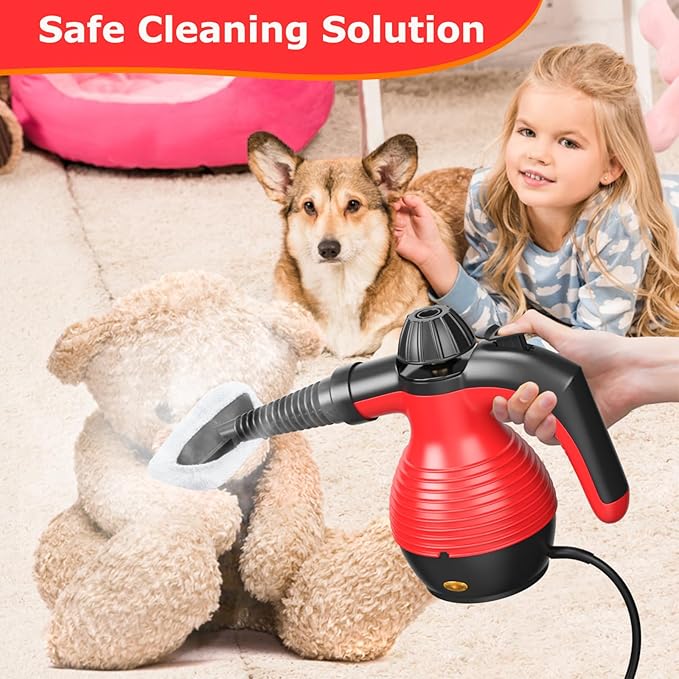 COSTWAY Handheld Steam Cleaner 1050W Portable Household Steamer with 9 Accessories 12 oz Water Tank Multipurpose Pressurized Steam Cleaning Machine for Floor Window Grease Grime (Red)