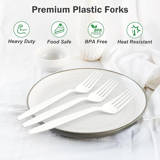 360 Count Extra Heavy Duty White Plastic Forks Disposable BPA-Free Heat Resistant Solid and Durable Disposable Forks Bulk Premium Plastic Forks heavy duty for Party Supply