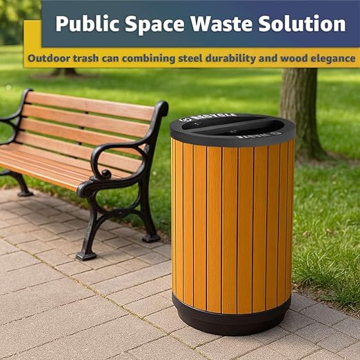 22 Gallon Round Outdoor Two-Stream Trash Can Recycling Bin - Commercial Dual Stainless Steel / Wood Compartment 11 Gallon Liners - Decorative Waste Container for Parks Retail Stores Transit Stations