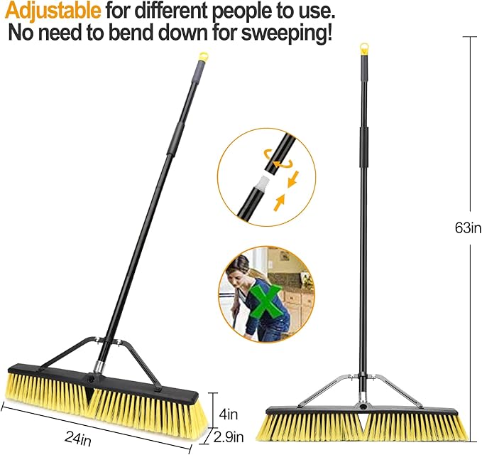 24 Inches Push Broom Outdoor Heavy Duty Broom with 63 Long Handle for Deck Driveway Garage Yard Patio Concrete Floor Cleaning Yellow