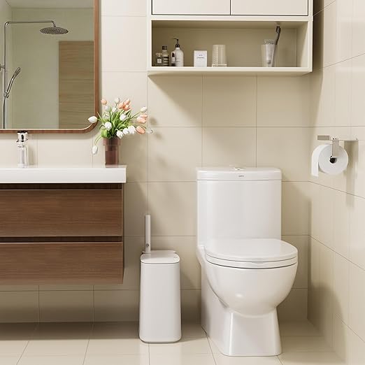 White Plastic Mini Trash Can Toilet Cleaner Stick Toilet Brush Holder 36 Refills 2-Gallon Trash Can with Pop-Out Lid Suitable for Bathrooms and Small Toilets.