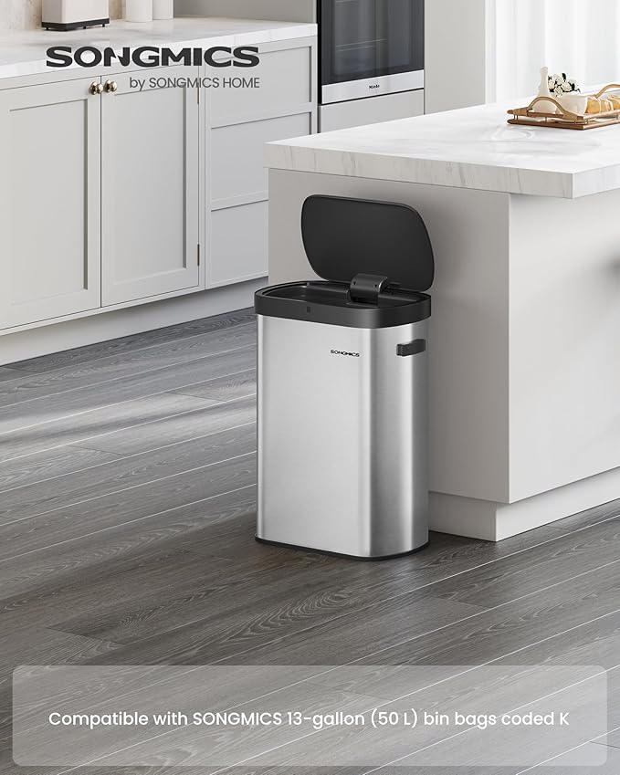 SONGMICS Motion Sensor Trash Can 13-Gallon (50 L) Automatic Garbage Can with Soft Close Lid Stainless Steel Wave or Touch to Open Includes 15 Bags Metallic Silver and Ink Black ULTB640E01