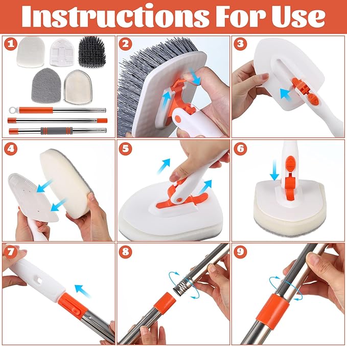 3 in 1 Tub Tile Scrubber Brush52 Inch Long Handle Shower Scrubbing with Locked Head Shower Cleaning Brush for Bathroom Kitchen Toilet Wall Sink