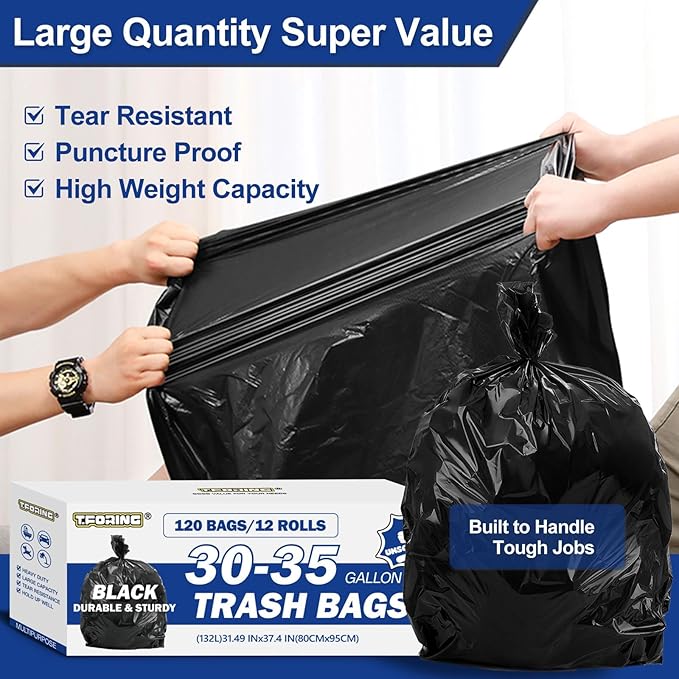 30-35 Gallon Black Trash Bags 120 Count - 32 x 37 Large Garbage Bags 30+ Gallon Strong Trash Can Liners for Home Commercial UseYard Waste Bulk