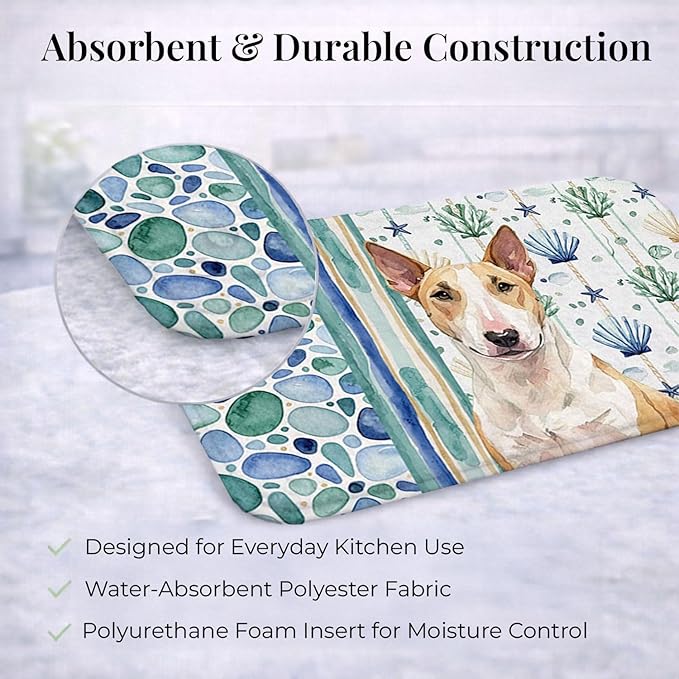 Caroline's Treasures Fawn and White Bull Terrier Coastal Sea Glass Dish Drying Mat Absorbent Dish Drying Mat Pad for Kitchen Counter Dish Drainer Mat for Countertop 14 x 21 Multicolor