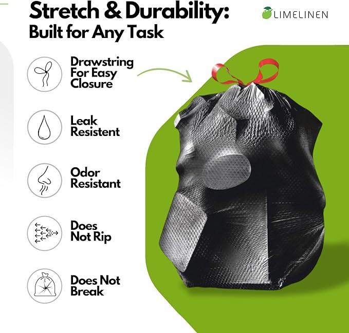 Mighty Flex 30 Gallon Trash Bags Drawstring 100ct Heavy-Duty Large Garbage Bags Ultra-Flexible Leak and Odor-Resistant Plastic Garbage Bags for Home and Commercial Use Unscented (Black)