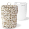 Woven Trash Can with Lid and Liner 4 Gallon Bathroom Garbage Can Boho Decorative Handwoven Plastic Wicker Waste Basket for Bathroom Bedroom Living Room Office Home (Beige)