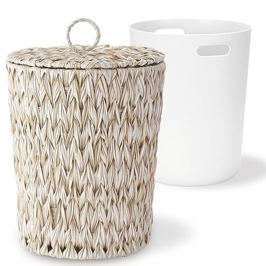 Woven Trash Can with Lid and Liner 4 Gallon Bathroom Garbage Can Boho Decorative Handwoven Plastic Wicker Waste Basket for Bathroom Bedroom Living Room Office Home (Beige)