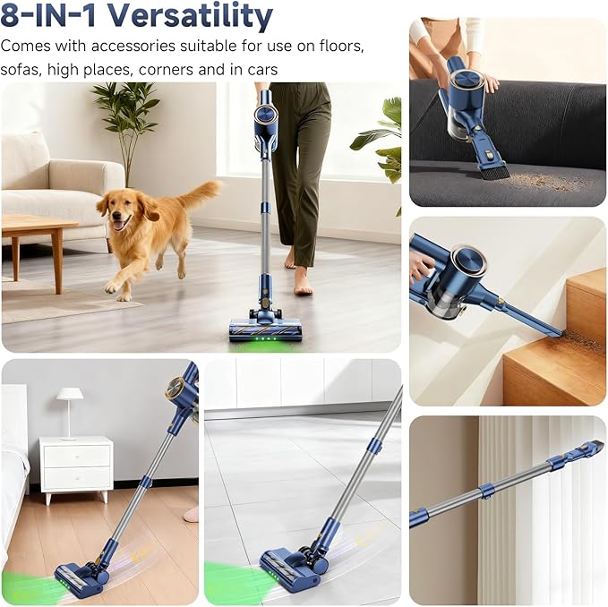 Cordless Stick Vacuum Cleaner - 45KPA Powerful Suction Vacuum with 45 Min Runtime Detachable Battery Anti-Tangle &amp 1.5L Dust Cup 8 in 1 Vacuum Cleaner for Pet Hair Carpet HardFloor Blue