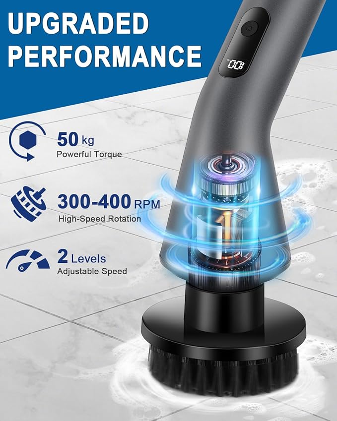 Electric Spin Scrubber -[Upgraded Version] [IPX7 Waterproof] Bathroom Scrubber Electric with 7 Brush Heads 2 Speed 400 RPM Power Scrubber with Detachable Long Handle for Bathroom Home