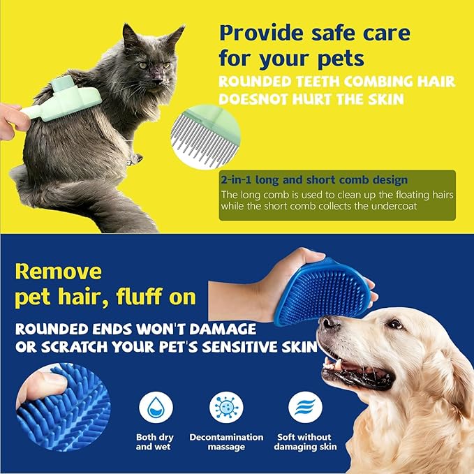 New BIONEMAGILI 4-in-1 Pet Hair Removal Kit - Refillable Lint Roller + Self-Cleaning Deshedding Comb + Electrostatic Glove + Soft Rubber Bath Brush Multi-Surface Hair Remover for Cats/Dogs/Blue