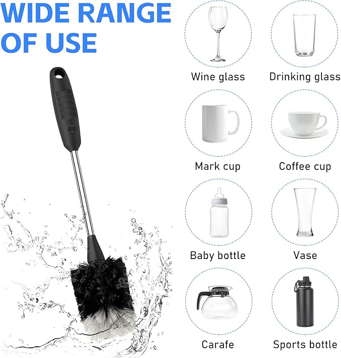 3 Pack Bottle Brush Set - 13-Inch Long Stainless Steel Handle with Non-Slip Grip for Cleaning Sports Bottles Coffee Mugs Glassware and Cups Black