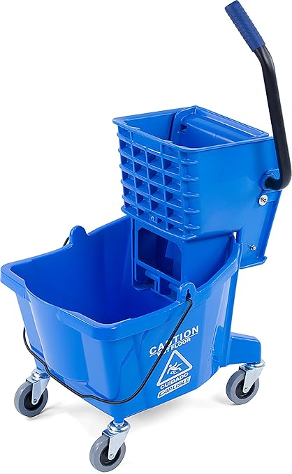 Carlisle FoodService Products 26-Quart Commercial Mop Bucket with Side-Press Wringer Precision-Molded Polypropylene Durable Wringer Bucket with Non-Marking Casters 18.5 x 16.5 x 23 Inches Blue