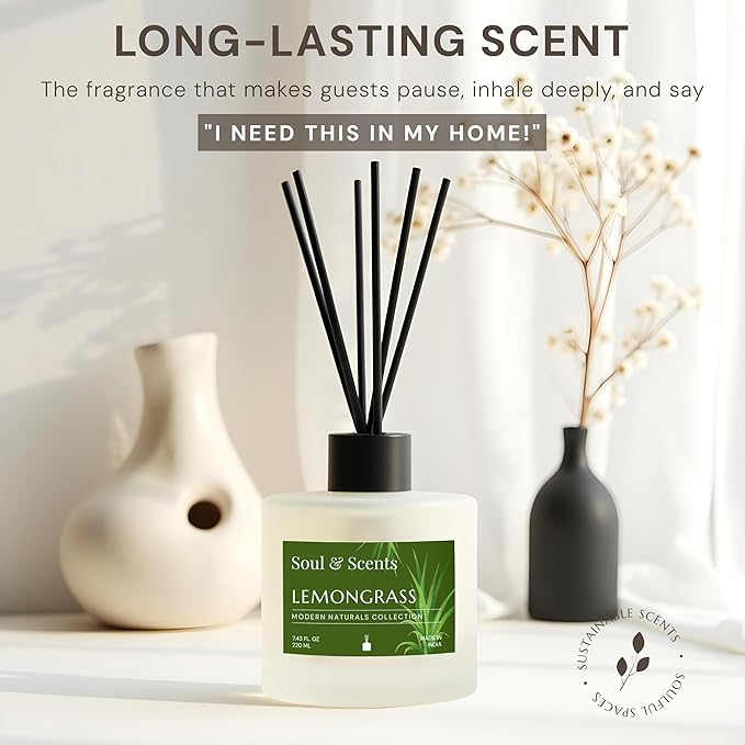 Soul &amp Scents Reed Diffuser Set – Lemongrass | 7.43 oz Refillable Scented Oil with 6 Fiber Sticks | Long-Lasting Home Fragrance &amp Air Freshener for Bedroom Bathroom Office | Gift &amp Décor