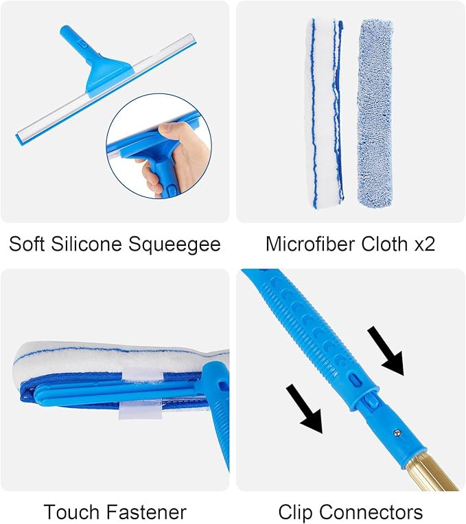2 in 1 Window Squeegee Cleaning Kit with Aluminum Alloy Extension Poles Scrubber Glass Scrapper Bendable Duster2 Scrubber Cloth for Window Car Floor Home Garden