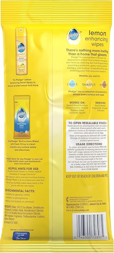 Pledge Multi-Surface Cleaner Spray and Wipes Bundle Works on Leather Granite Wood Lemon Scent (2 Count of 9.7 oz Cans and 2 Pack of 24 Wipes)