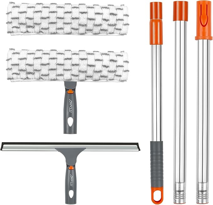 ITTAHO Squeegee for Window Cleaning12 Squeegee and 11 Microfiber Scrubber Combi with Stainless Steel PoleExtendable Window Cleaner for CarSliding DoorShower Glass Door-Swivel Style-2 Pads