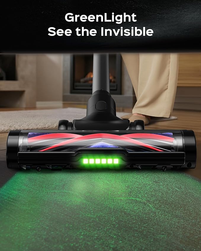Cordless Stick Vacuum Cleaner – 3-in-1 Brush Roll for Hard Floors and Carpets 55 Min Runtime Rechargeable Lightweight Vacuum with Green LED Headlight for Pet Hair and Dust Cleaning