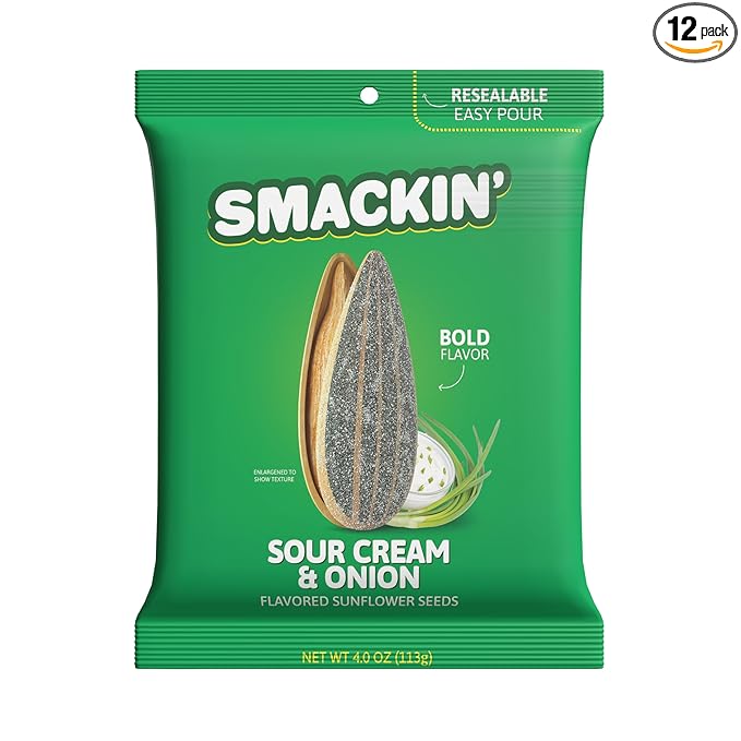SMACKIN' - Jumbo Roasted Sunflower Seeds No Salty Burn American Made Easy Pour &amp Seal - Sour Cream &amp Onion 4oz bag (12 Bags)