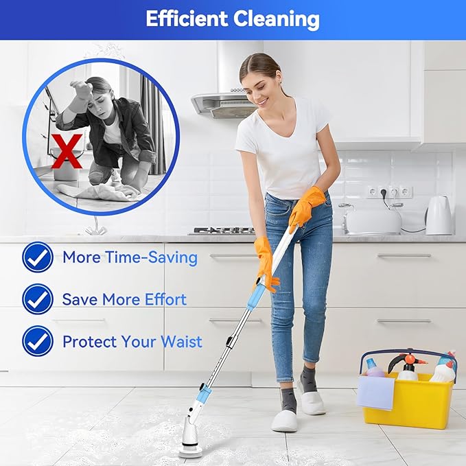Electric Spin Scrubber with 5 Brush Heads Cordless Cleaning Brush 450 RPM Motor 27-47 inch Adjustable Handle Power Scrubber for Bathroom Tile Floor