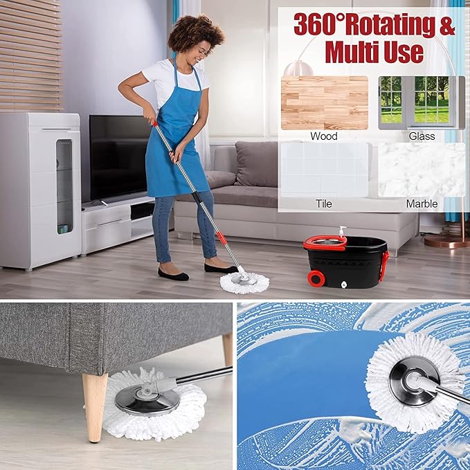 Mop and Bucket Set 360° Spin Mop and Bucket with Wringer Set and 3 Microfiber Mop Refills Stainless Steel 61'' Extended Handle Spinning Mop Bucket System for Floor Cleaning