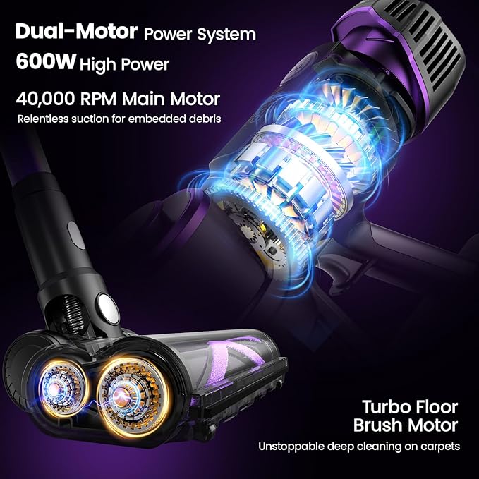 Cordless Vacuum Cleaner 600W 45KPA Dual Motor Vacuum for Home with AI Auto Suction70Min RuntimeStick Vacuums with Self-Standing DesignLED Headlightsfor CarpetHardwood FloorsPet HairTile