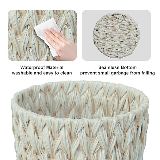 Wicker Trash CanBathroom Trash CanWicker Waste Basket for BathroomDecorative Boho Small Waste Basket for BedroomOfficeCream White 2 Gallon