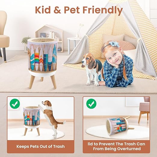 Bathroom Trash Can with Lid Wooden Vintage Surfboard Bamboo Fence Stands Sand Garbage Bin Waste Basket for Kitchen Office Bedroom Decoration Diaper Pail 1.8 Gallon