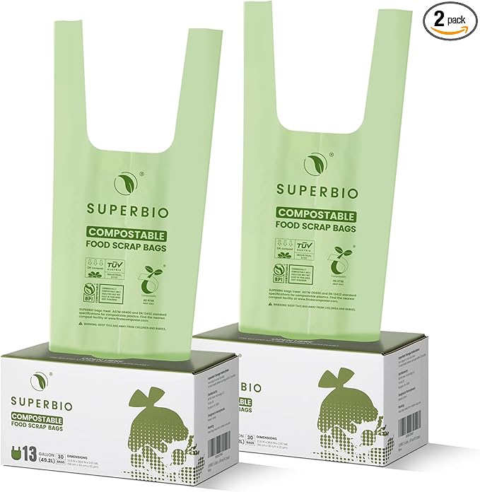 SUPERBIO 13 Gallon Handle Tie Compostable Food Waste Bags 30 Count 2 Pack ASTM D6400 BPI and OK compost INDUSTRIAL 49.2L 0.87 Mil