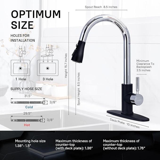 WEWE Kitchen Sink Faucet Pull Down Kitchen Faucet Black and Chrome Kitchen Faucet with Sprayer Stainless Steel Single Handle one or Three Hole for Laundry bar Kitchen Sinks