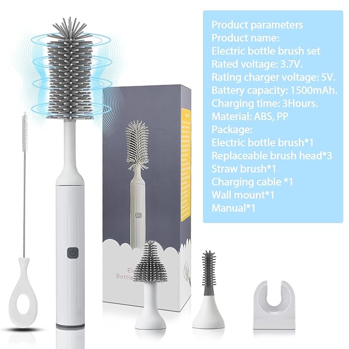 Electric Baby Bottle Brush Set with Rechargeable Electric Bottle Brush Cleaner and Replaceable Silicone Bottle Brushes and Straw Brush Cleaner Waterproof Multi-Purpose Cleaning Brush (White)