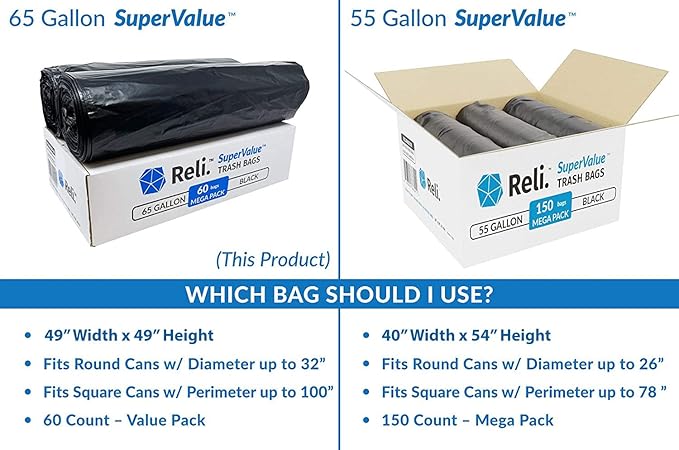 Reli. SuperValue 65 Gallon Trash Bags | 60 Count | Made in USA | Heavy Duty | Black Multi-Use Garbage Bags