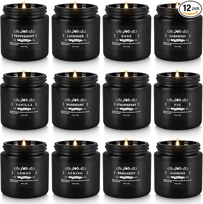 Scented Candle Set 12 PackBlack Candle for Home Scented Odor Eliminating Stress Relief Long Lasting Soy Wax Gift Set