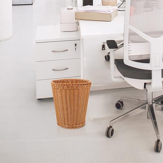 Amosfun Rattan Waste Basket Wicker Trash Can Waste Woven Basket Boho Woven Trash Can Wastepaper Bin Woven Storage Basket Garbage Container for Bathrooms Kitchen