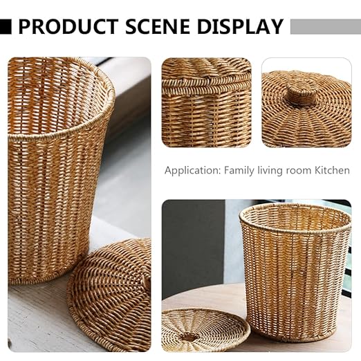 DOITOOL Rattan Round Waste Basket with Plastic Insert&amp Lid Woven Basket Trash Can Storage Basket for Bedroom Living Room Bathroom Kitchen and Laundry 11 x 9. x 7. 86inch