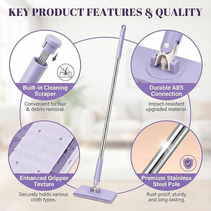 2026 Upgraded Snap Grip Mini Mop Zero Touch Hands-Free Mini Mop with Automatic Push Pull Handle Cloth Changing Retractable Disposable Dust Mop for Multi-Surface Home Cleaning(Purple15pc)