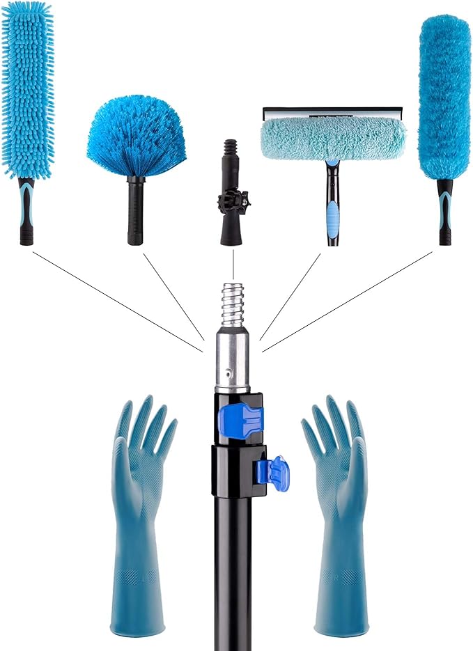 16 Foot High Reach Ceiling Fan Duster with 4.5-8ft Heavy Duty Extension Pole Microfiber Feather Cobweb Duster Window Squeegee Kit Cleaner Cleaning Gloves