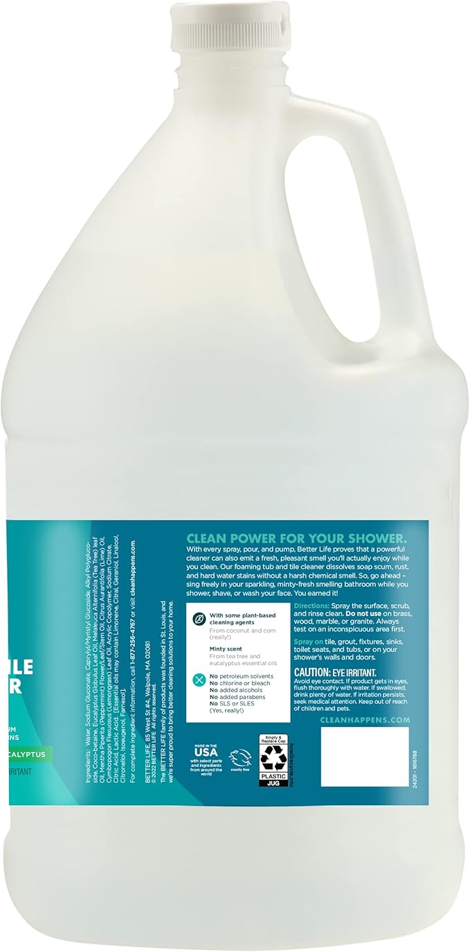 BETTER LIFE Bathroom Cleaner - Tea Tree Bathtub &amp Shower Cleaner Spray for Glass and Tile - Foaming Mold and Mildew Remover for Tub Works on Hard Water Stains - 1 Gal Refill