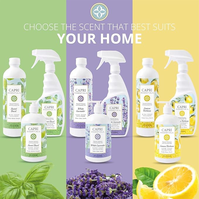 CAPRI ESSENTIALS All Purpose Cleaner Natural Household Cleaning Supplies Plant Based Kitchen Counter Surface Spray Removes Dirt &amp Grime Blend of Essential Oils White Lavender 23 FL Oz (6 Pac