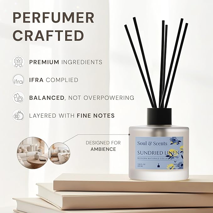 Soul &amp Scents Reed Diffuser Set – Sundried Linen | 7.43 oz Refillable Scented Oil with 6 Fiber Sticks | Long-Lasting Home Fragrance &amp Air Freshener for Bedroom Bathroom Office | Gift &amp D